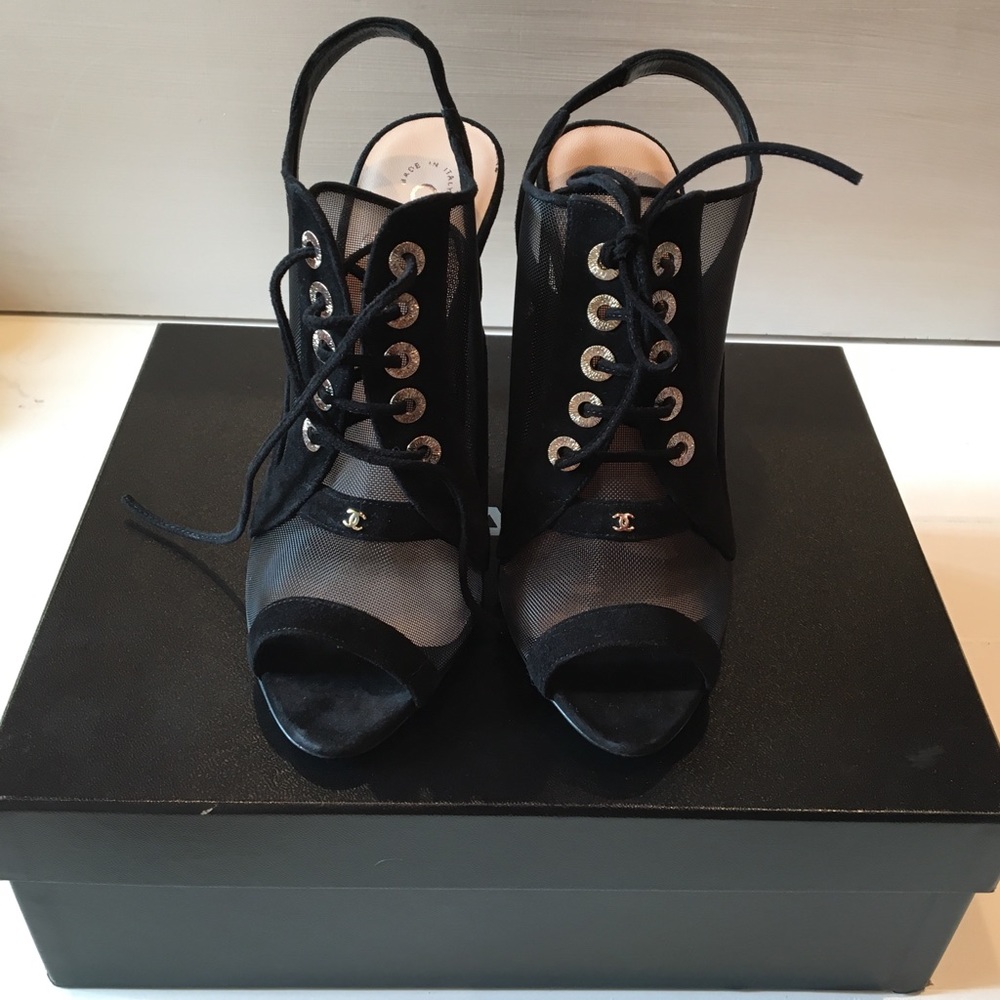 CHANEL Black Mesh Lace-Up Open-Toe Heels - Picture 8 of 8